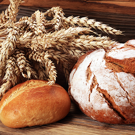 Different kinds of bread and bread rolls on board from above. Kitchen or bakery poster design. Articolo33 HeaderMobile